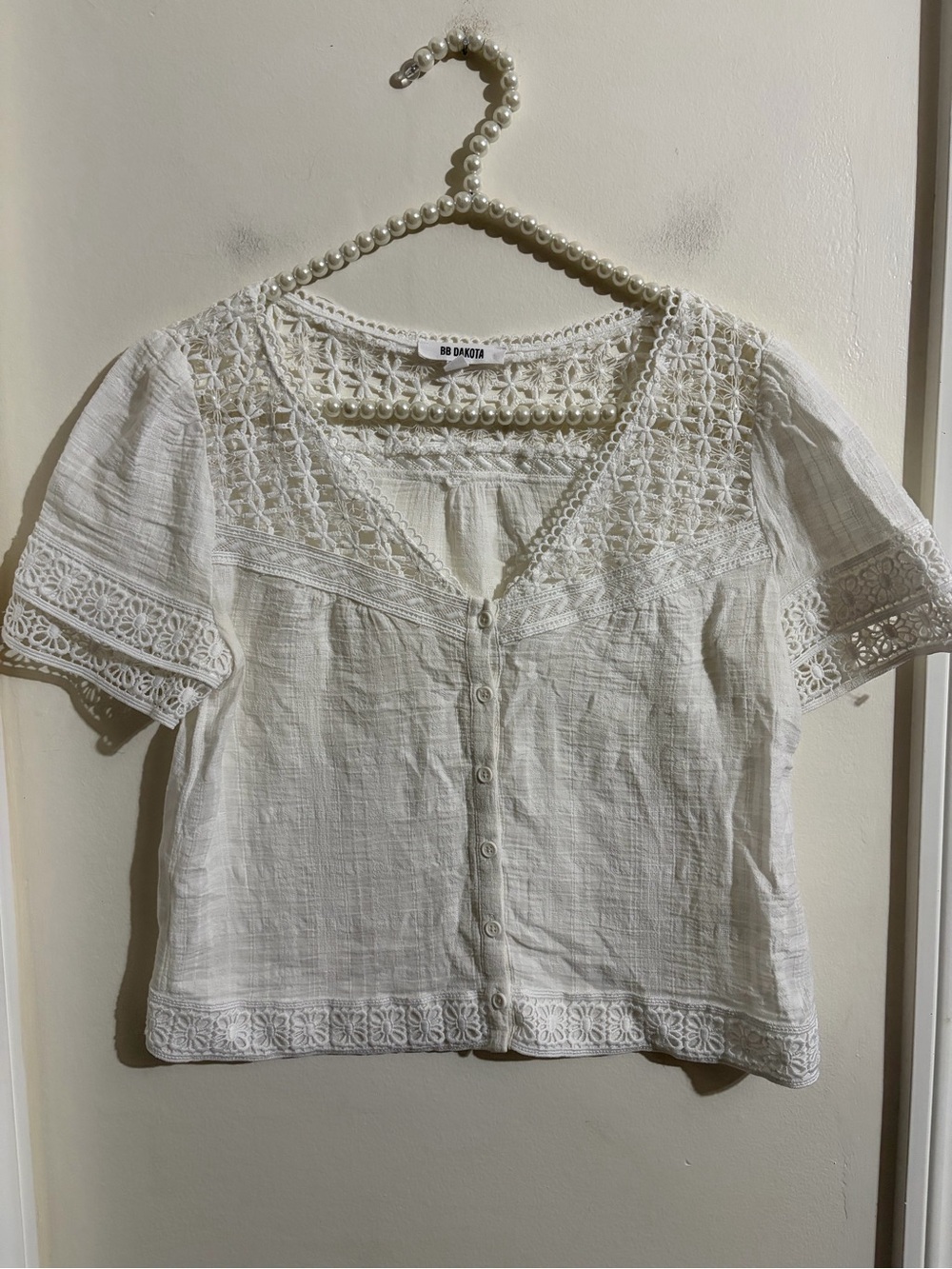 BB Dakota White Crochet Yoke Button-Front Top